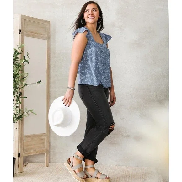 NWT Willow & Root Square Neck Blue/White Polka Dot Flutter Sleeve Blouse- Size M - Picture 4 of 10